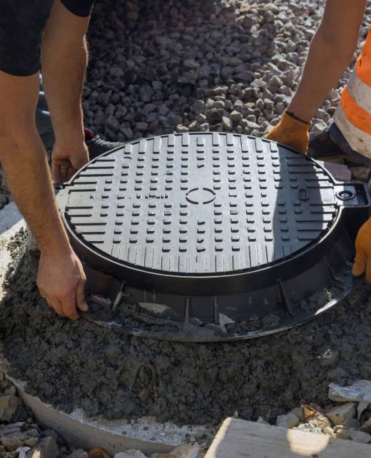 A cast iron sewer installed in concrete well, preparation for installation of water sewer well ground